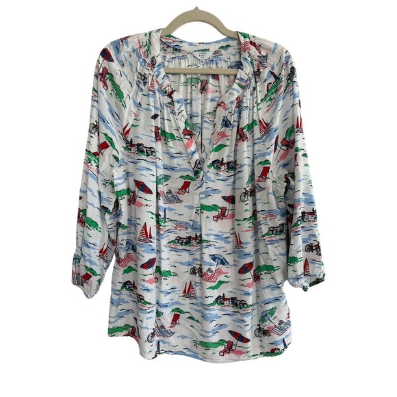 Crown & Ivy Curvy Beach Scene Button Up Top Size 2X Wearable Art Vacation Coast - Picture 1 of 6